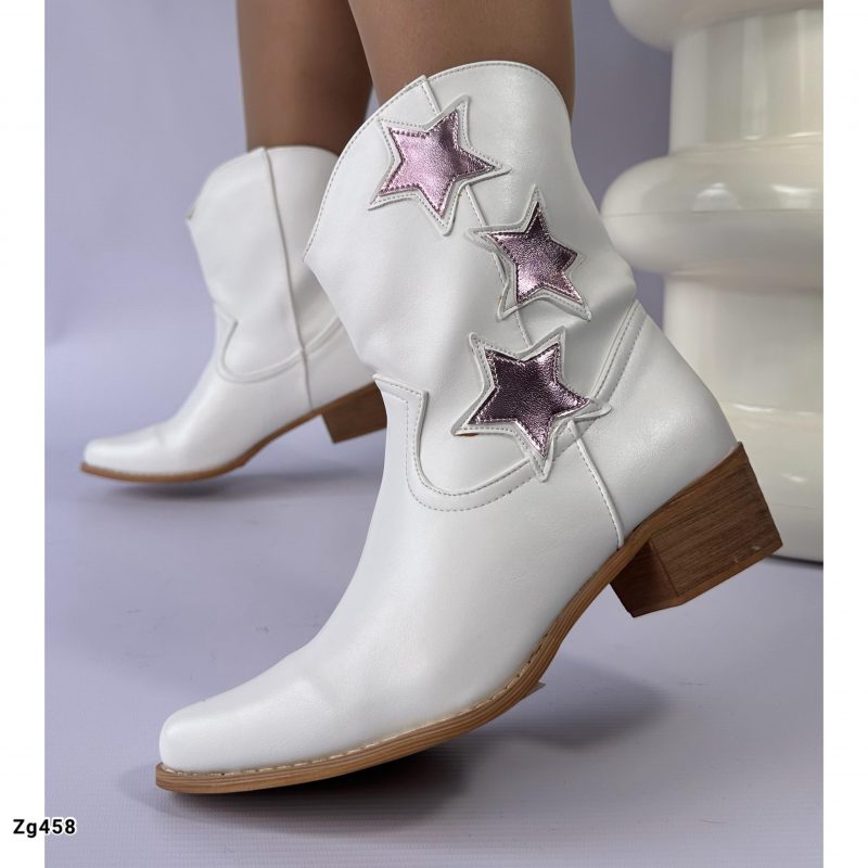 Botin texano blanco detalles morado tacon 4cm  CYM003  C-T