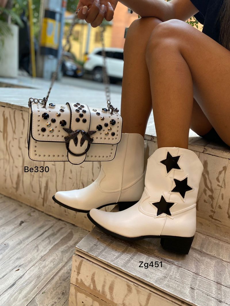 Botin texano blanco detalles negros tacon 4cm  CYM003   C-T