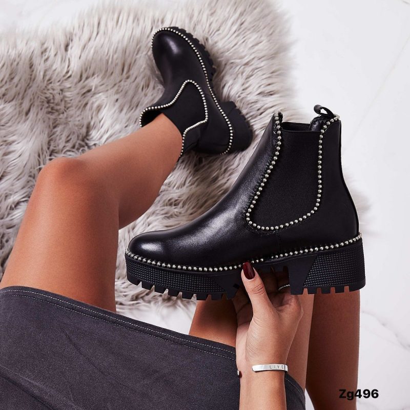 Botin negro apliques plateado tacon 5cm  BT57#  C-1