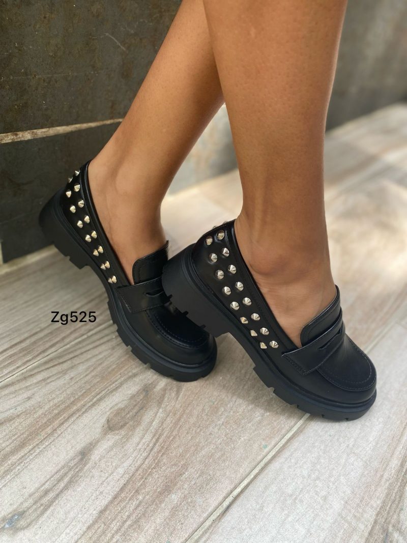 Mocasine negro apliques plateado suela 3cm A77-773  C-95