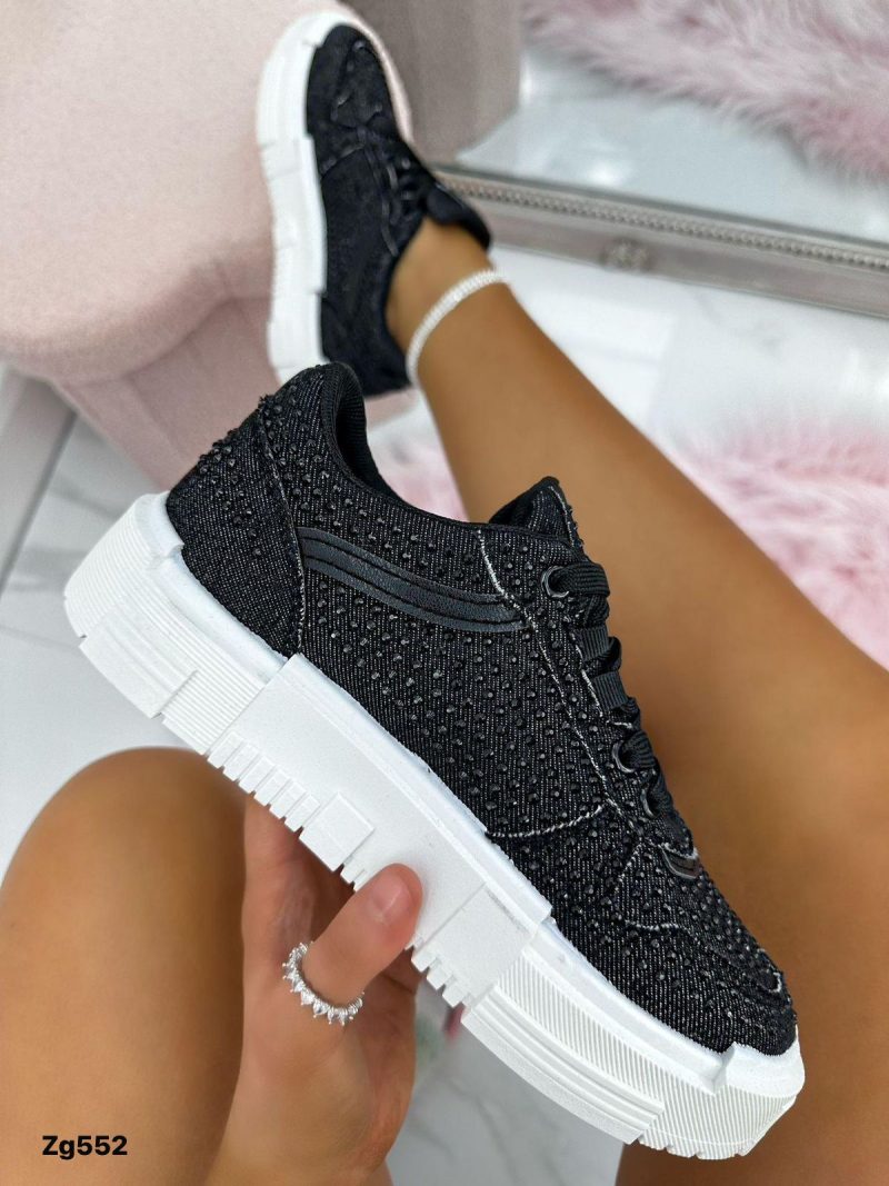 Tenis negro apliques brillantes suela 3cm  9103  C-91