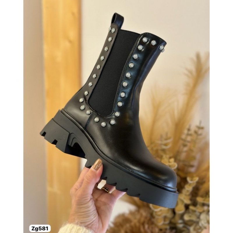 Botin negro apliques plateado suela 5cm  52057  C-74