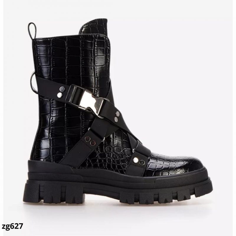 Botin textura negro detalles correas suela 4cm  15822  C-66