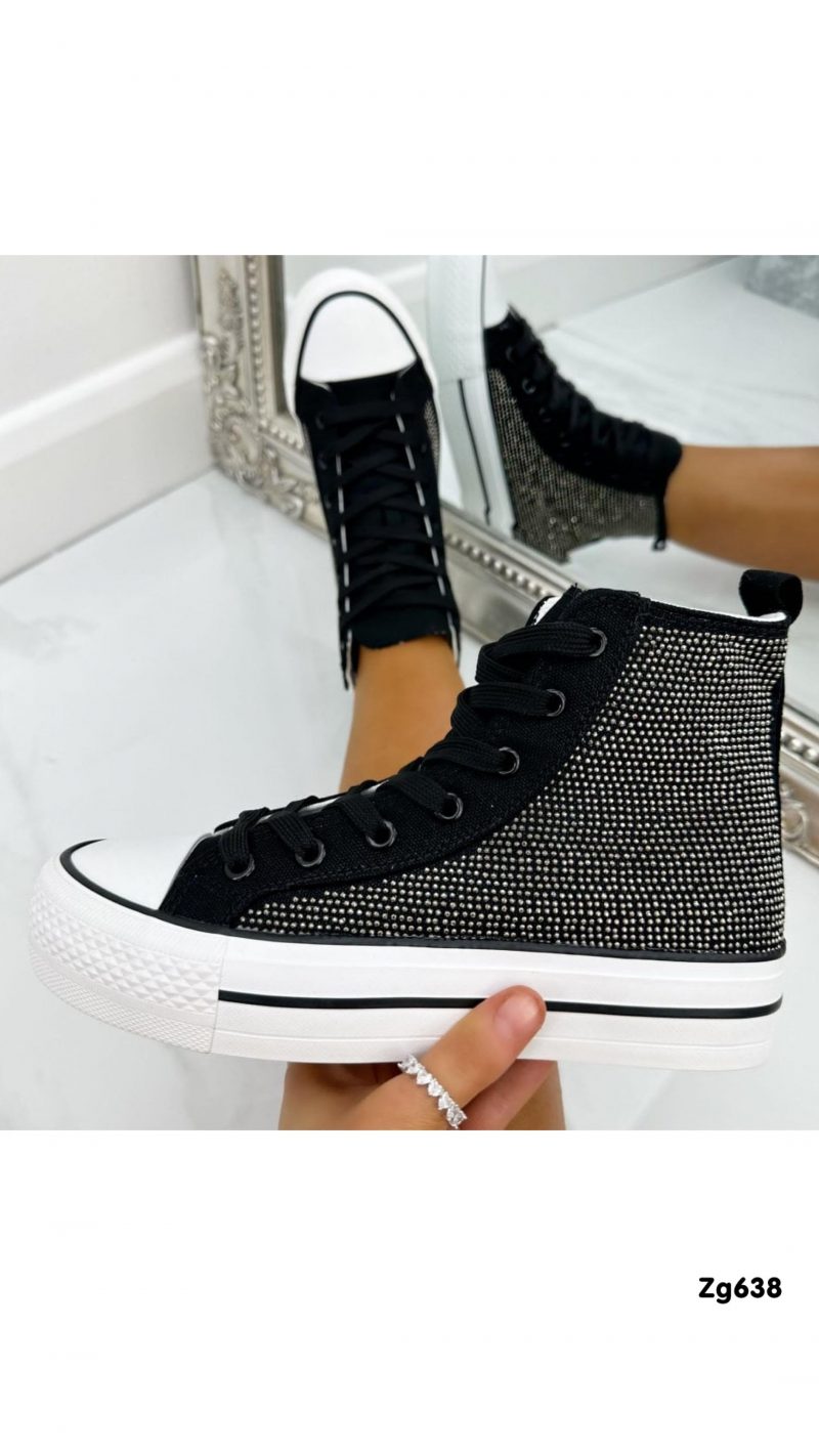 Tenis negro apliques plateado suela 3cm  EV-301  C-96