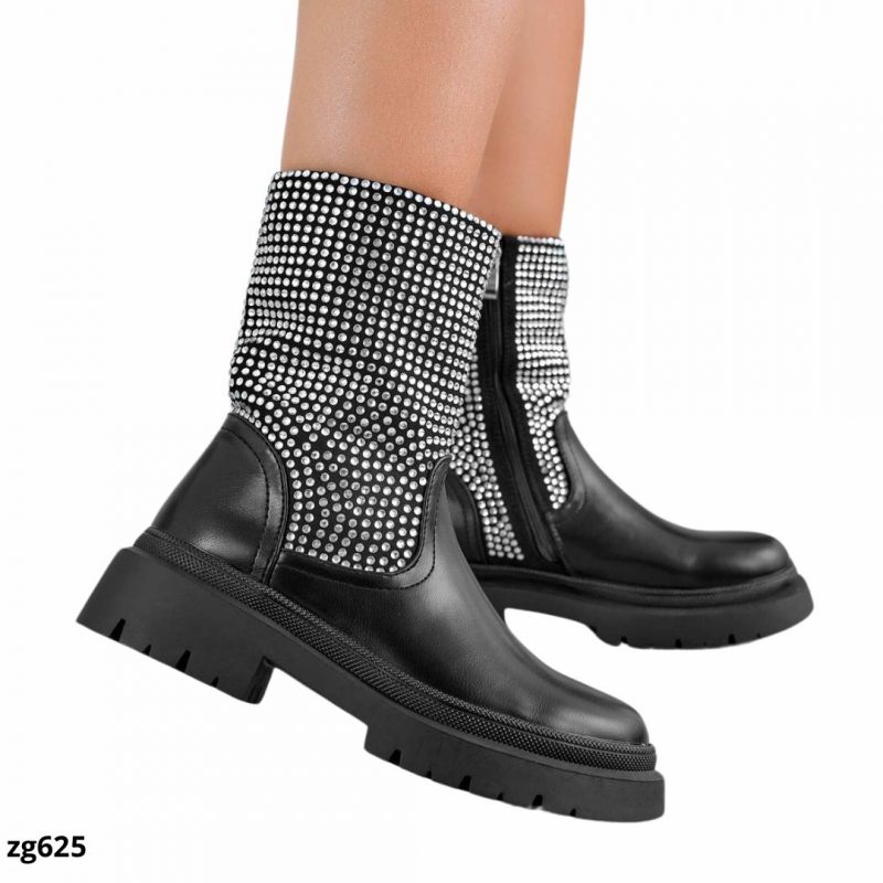 Botin negro apliques plateado brillantes suela 3cm  2023-N51  C-79
