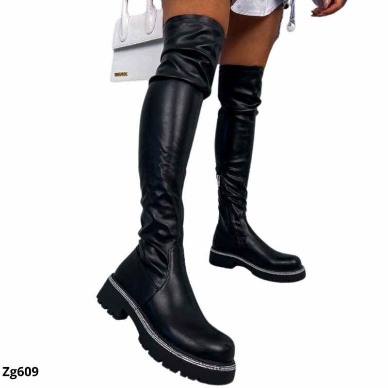 Bota caña alta negro detalle borde brillante suela 4cm  MS-25027   C-53