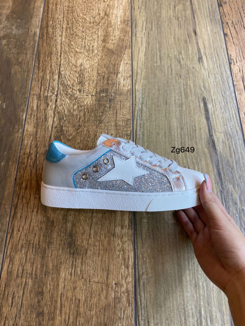 Tenis plateado apliques brillantes detalle azul suela 3cm  FY0816  C-55