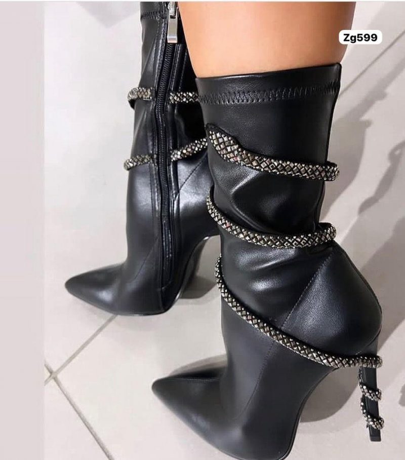 Bota negro apliques plateado tacon puntilla 12cm  K81  C-80