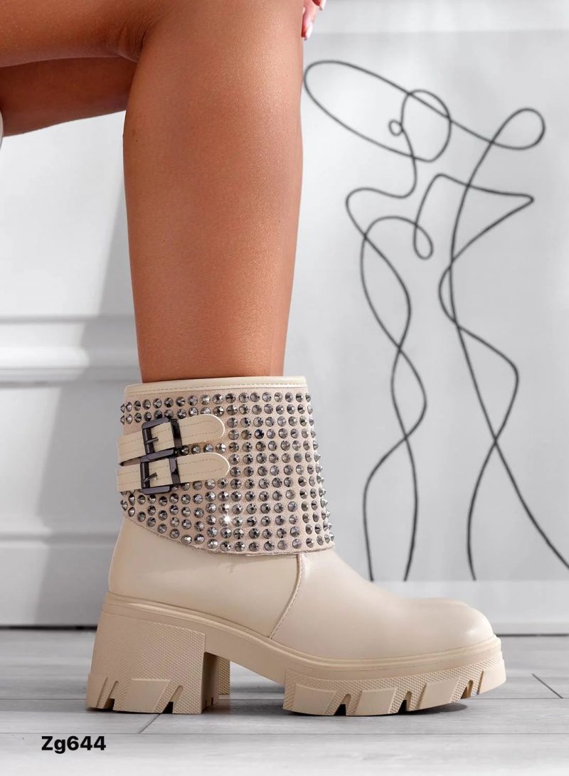 Botin beige doblez apliques plateado tacon 6cm  S185   C-52