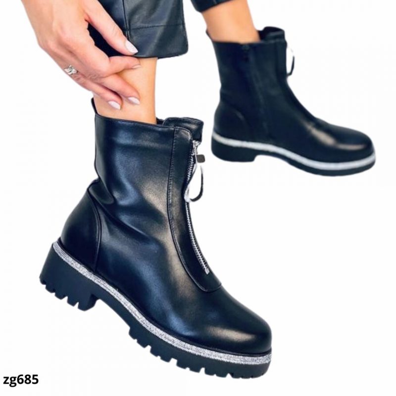 Botin negro apliques plateado brillantes cierre frontal suela 4cm  AM7503  C-65