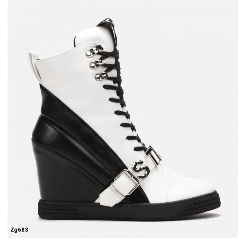 Botin blanco - negro detalles letras plateado tacon interno 10cm  NS375P  C-77
