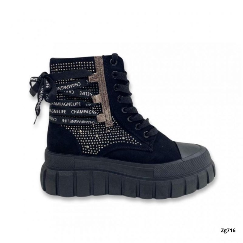 Botin negro apliques brillantes suela 5cm EV-337  C-74