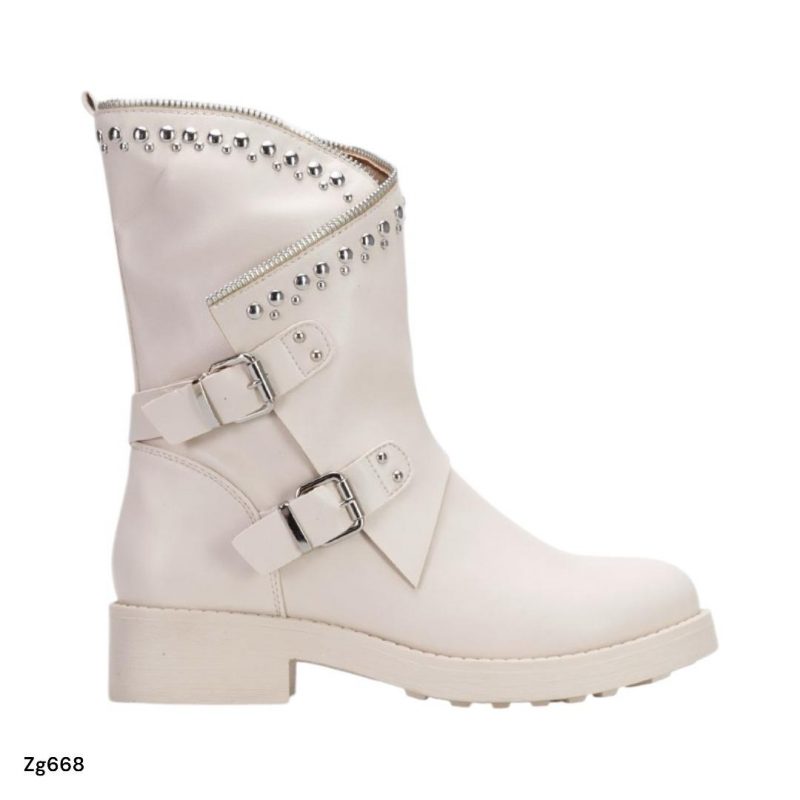 Botin beige apliques plomo detalle correa y cierre suela 3cm  MS1528  C-58
