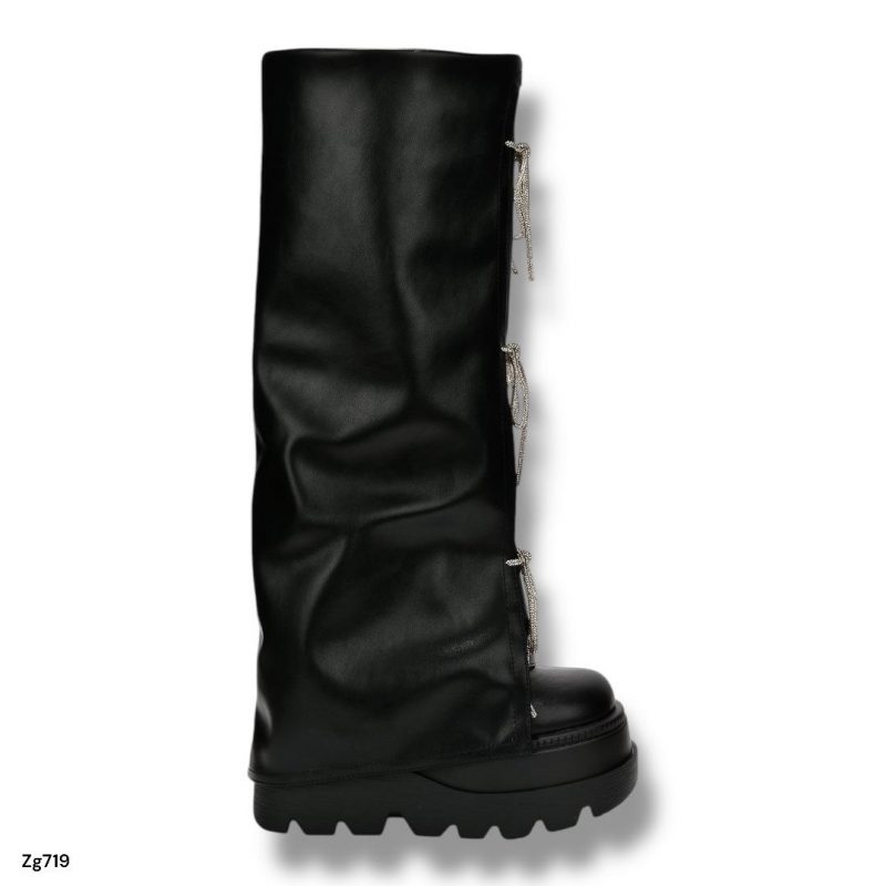 Bota caña alta negro doblez cordon apliques brillantes suela 7cm  52077   C-74