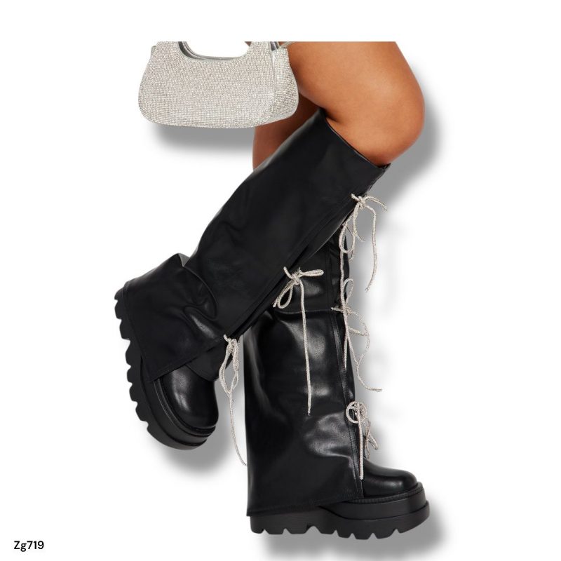 Bota caña alta negro doblez cordon apliques brillantes suela 7cm  52077   C-74 - Image 5