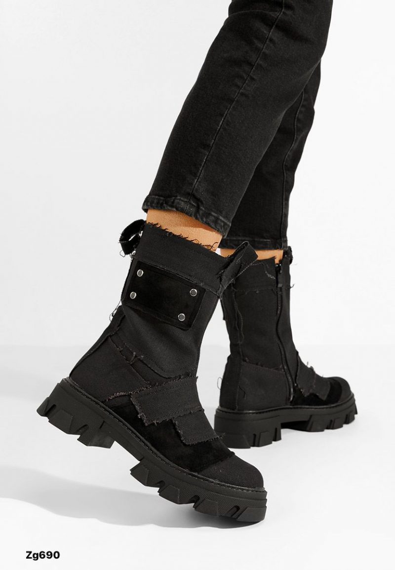 Bota negro detalle retazos aplique plateado suela 4cm  NC1263  C-77