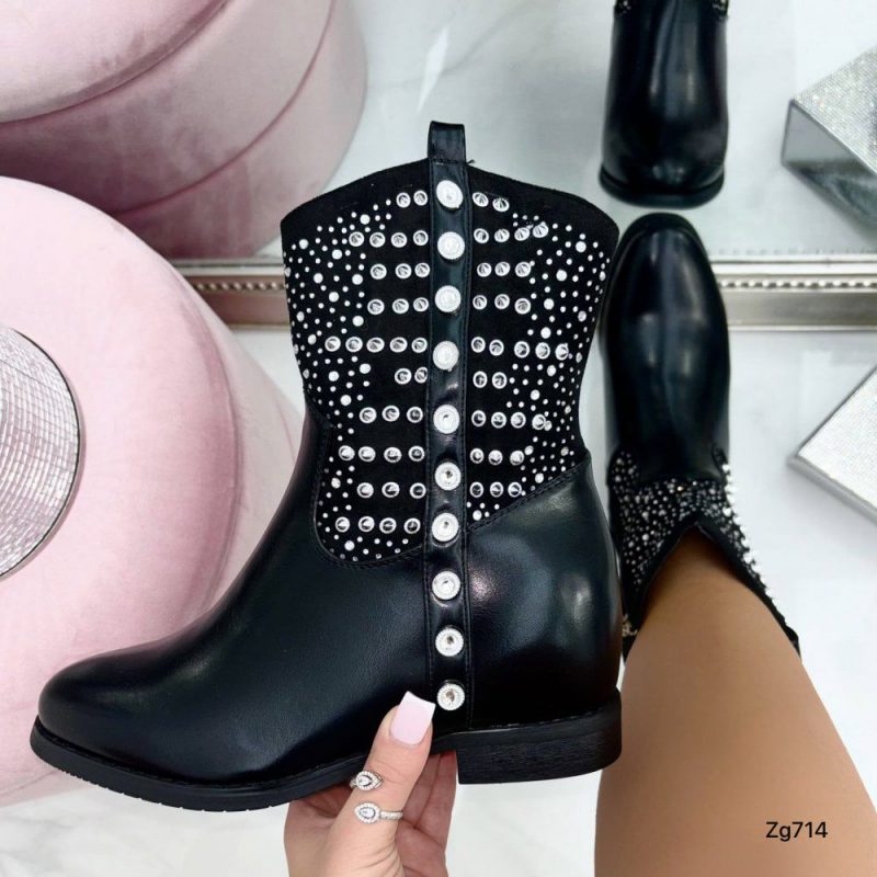 Botin negro apliques taches plateado brillante tacon 2cm   C-159