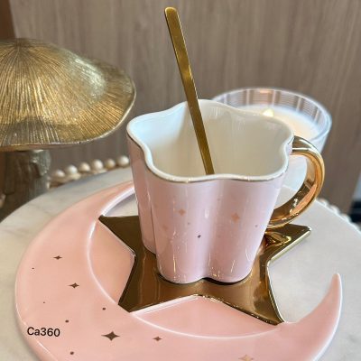 Taza plato luna rosado detalles dorado 120ml