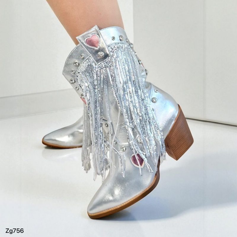 Botin texano plateado detalle corazon lentejuelas brillante  tacon 7cm  IS14-058