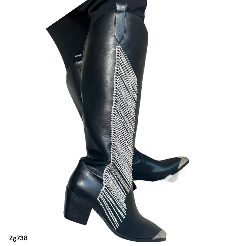 Bota texano negro apliques y punta plateado tacon 6cm  IS14-008