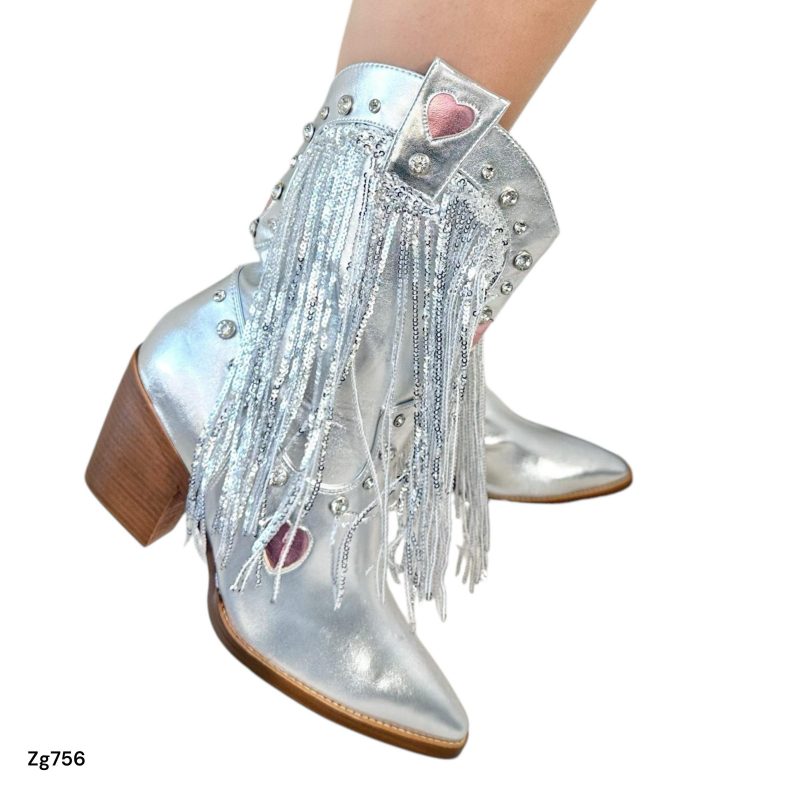 Botin texano plateado detalle corazon lentejuelas brillante  tacon 7cm  IS14-058 - Image 2