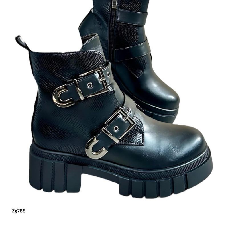 Botin textura negro correas detalle plateado suela 5cm  IS14-028