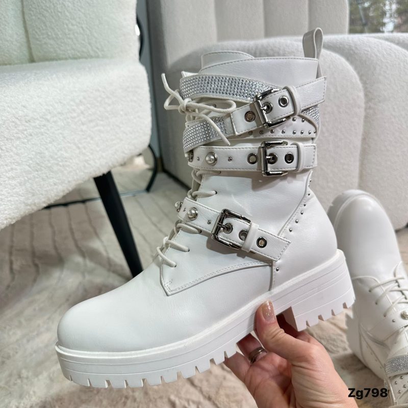 Botin blanco correas apliques plateado brillante suela 4cm  IS14-071 - Image 3
