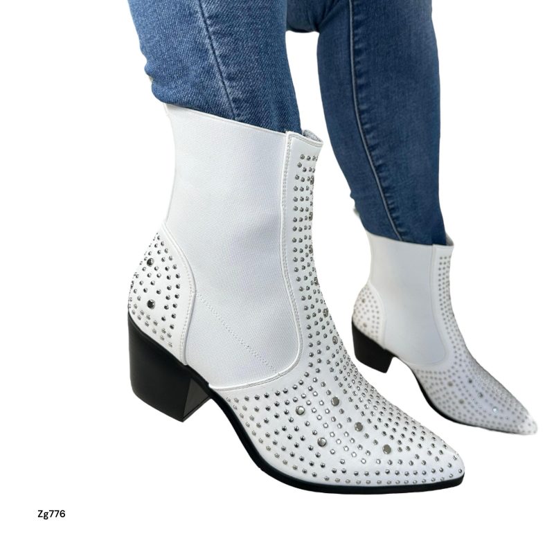 Botin texano blanco apliques plateado suela negro tacon 6cm  IS14-062