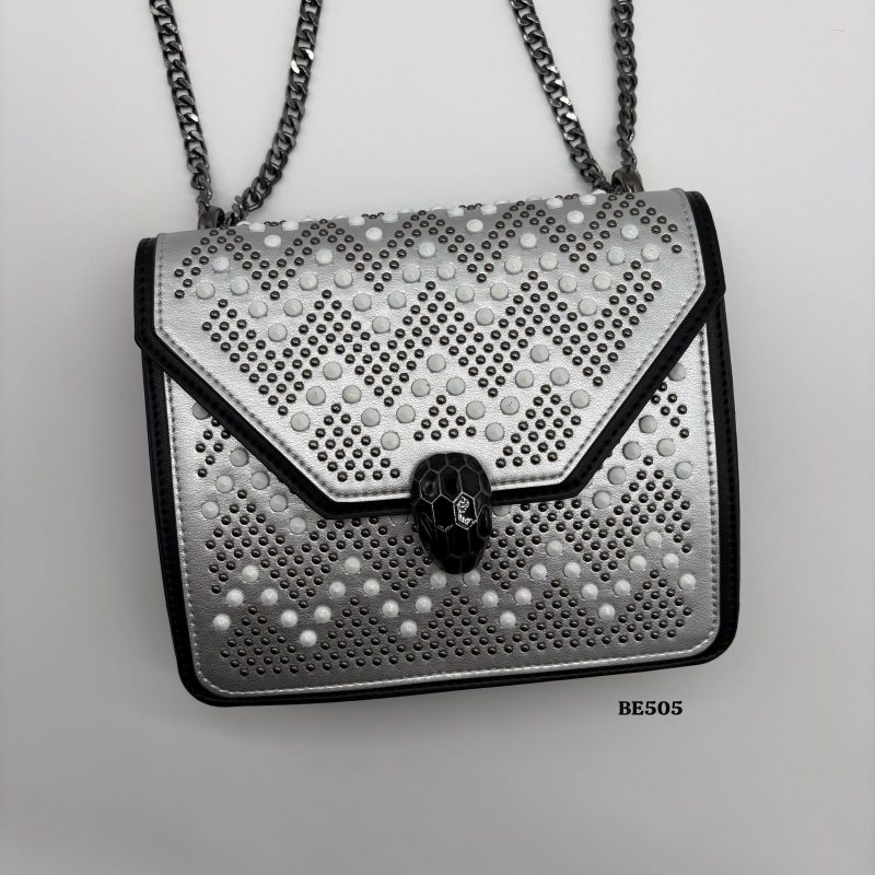 Bolso plateado apliques y cadena plomo  20cm* 7cm* 16cm   C- 23195 - Image 3