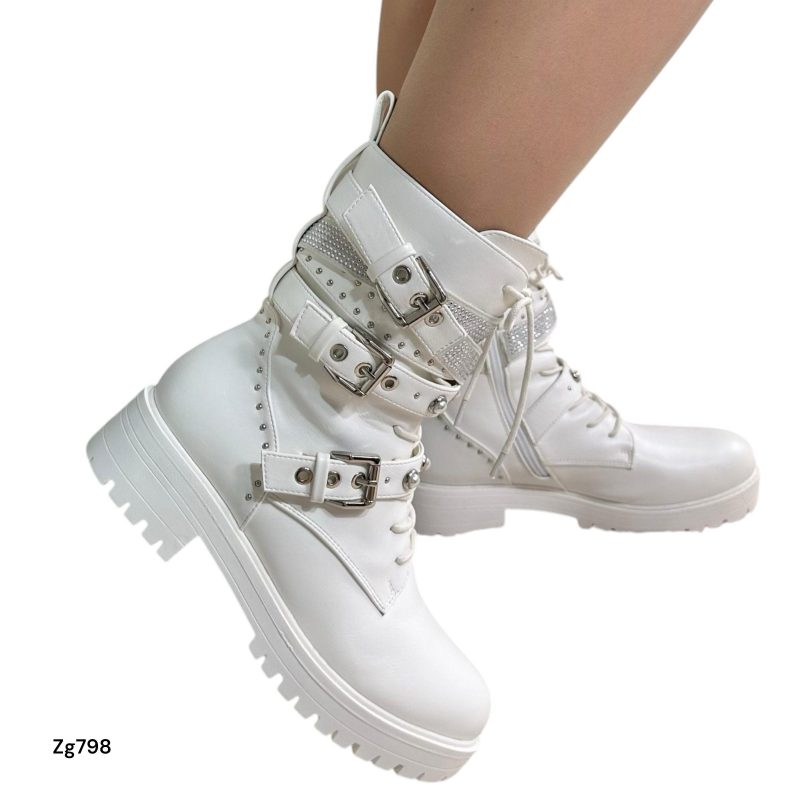 Botin blanco correas apliques plateado brillante suela 4cm  IS14-071 - Image 2