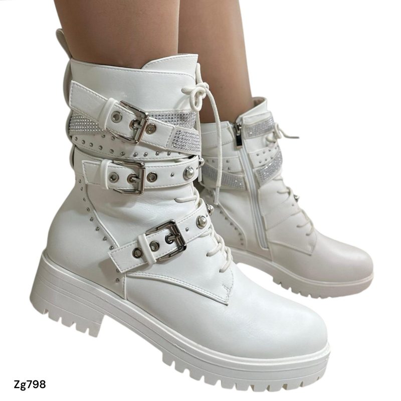 Botin blanco correas apliques plateado brillante suela 4cm  IS14-071