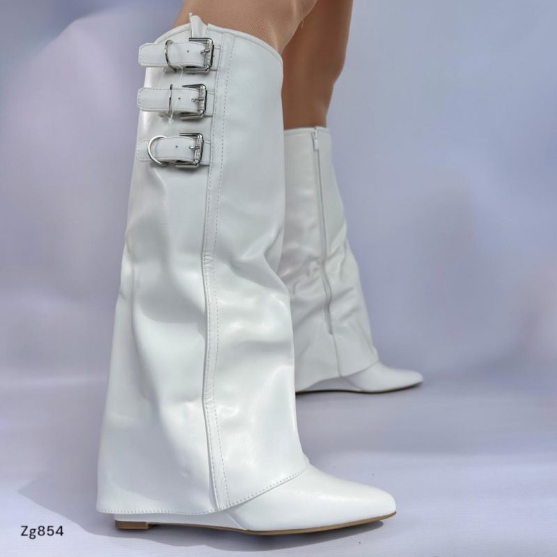 Bota blanco caña alta doblez detalle correas plataforma 8cm  A9657  C-3
