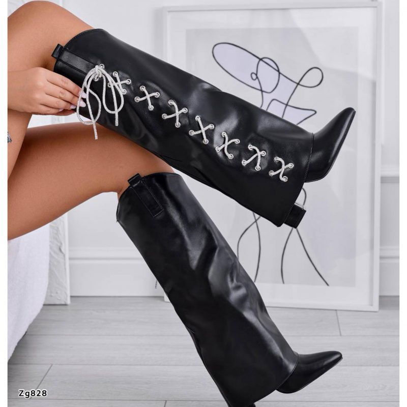 Bota caña alta negro doblez cordones brillantes tacon 10cm   100KSL  C-1 - Image 3