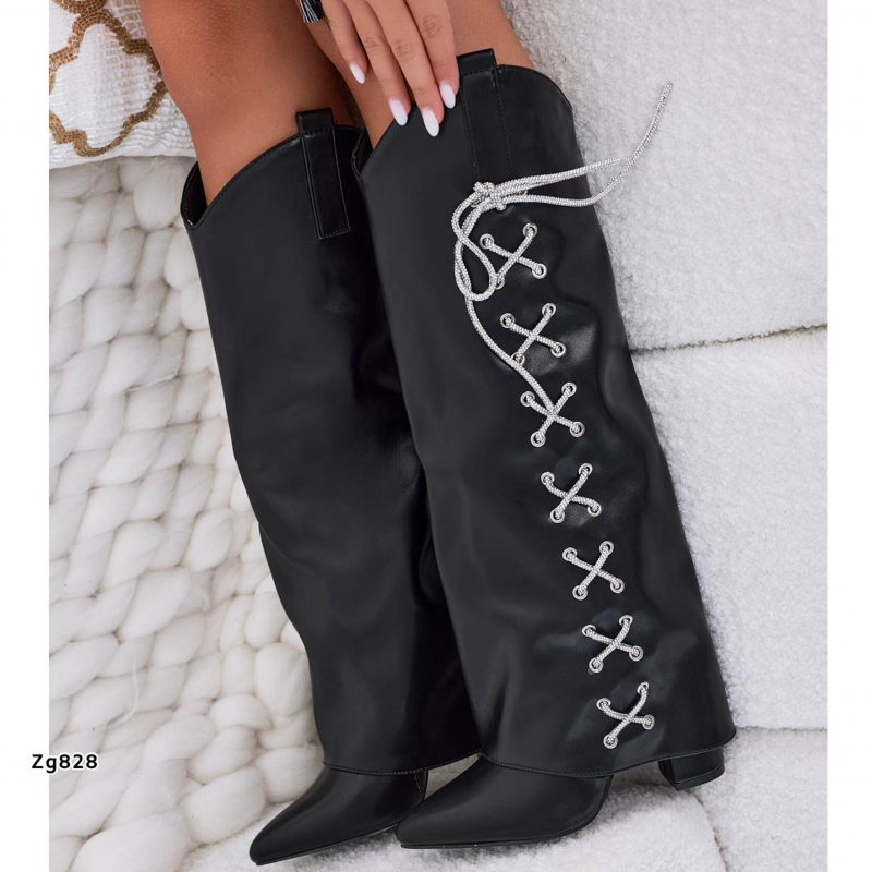 Bota caña alta negro doblez cordones brillantes tacon 10cm   100KSL  C-1 - Image 2