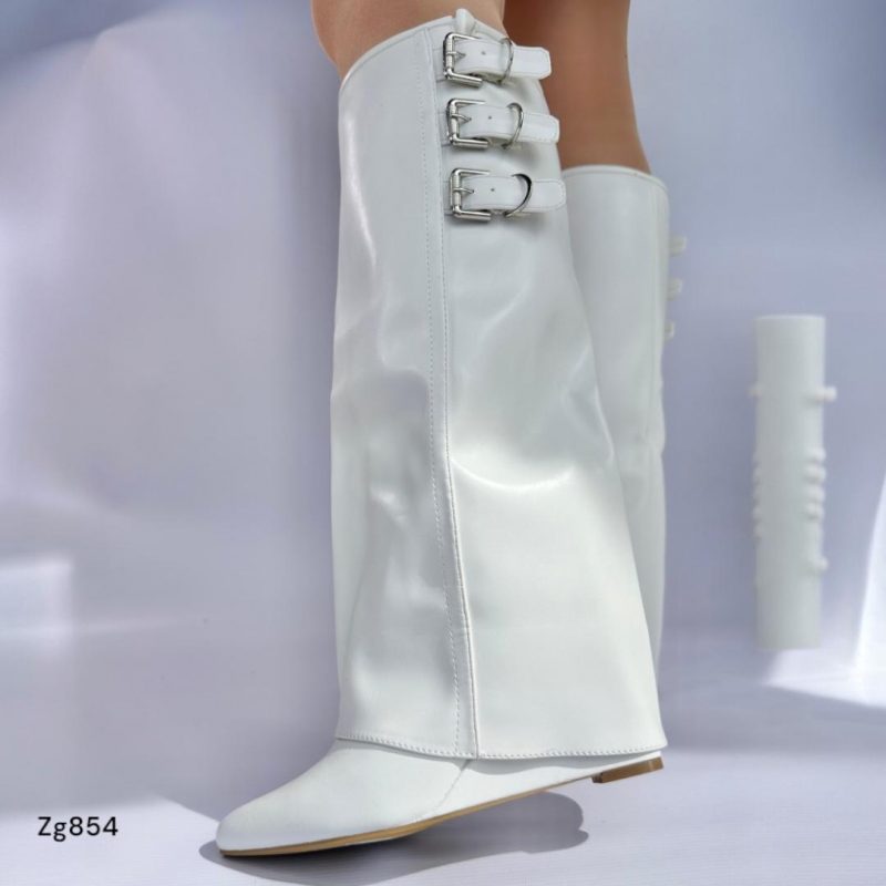 Bota blanco caña alta doblez detalle correas plataforma 8cm  A9657  C-3 - Image 2