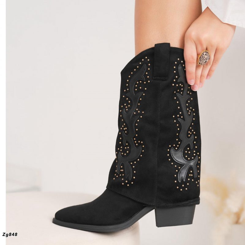 Bota texano negro apliques dorado tacon 6cm  RXJ-281  C-7