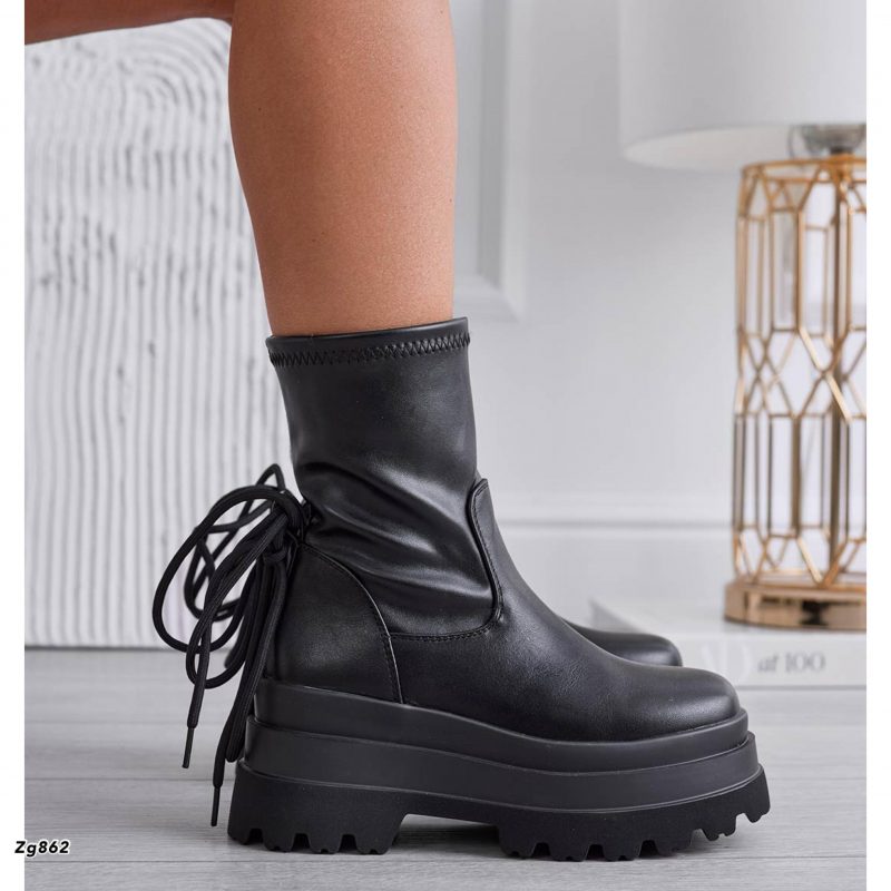 Botin negro detalle cordones y resorte plataforma 7cm  255-017