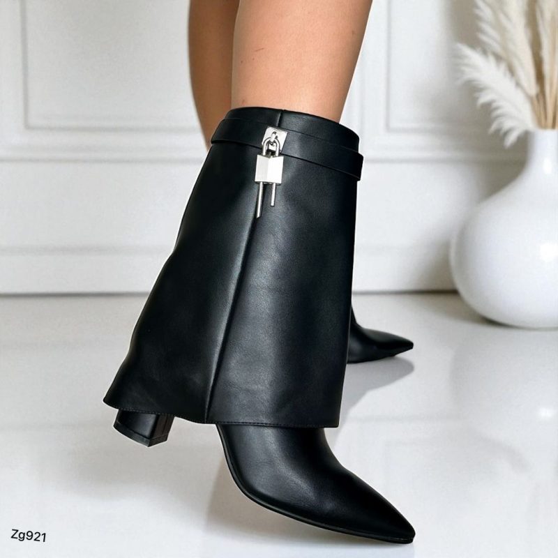 Botin negro doblez detalle plateado tacon 8cm  255-016 - Image 2