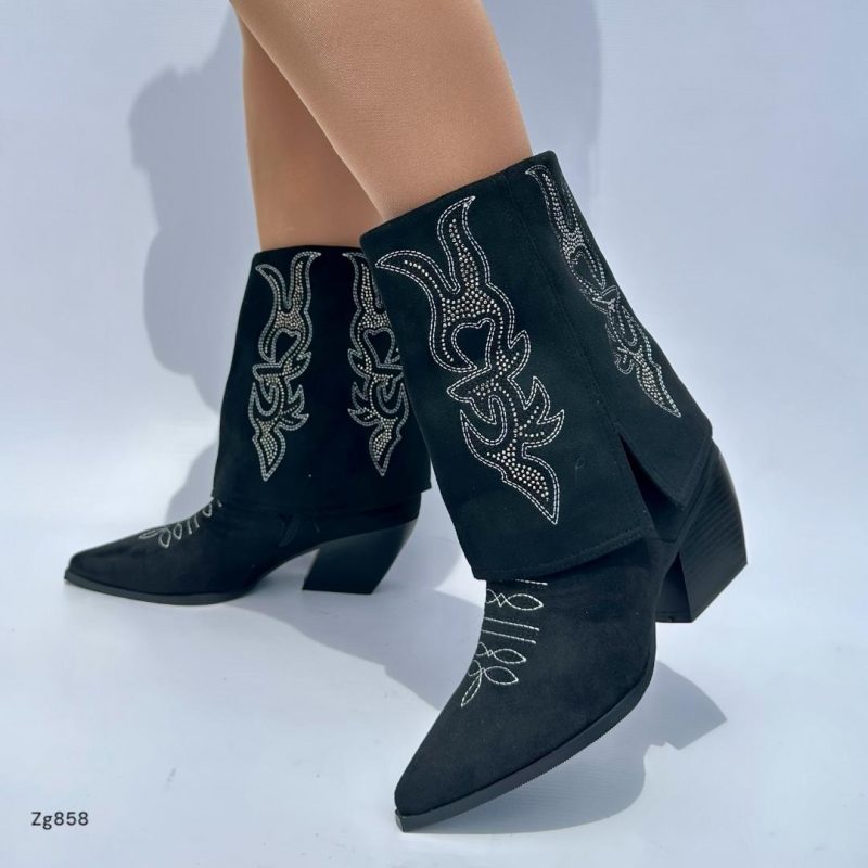 Bota negro doblez detalles blanco apliques brillante tacon 7cm   255-028