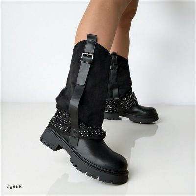Bota negro doblez apliques plateado suela 4cm  5078  C-33