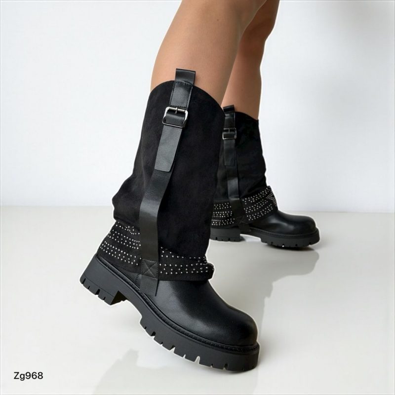 Bota negro doblez apliques plateado suela 4cm  5078  C-33