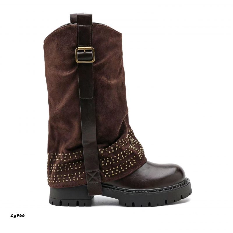 Bota cafe doblez apliques plateado suela 4cm  5078  C-34
