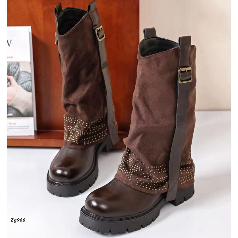 Bota cafe doblez apliques plateado suela 4cm  5078  C-34 - Image 2
