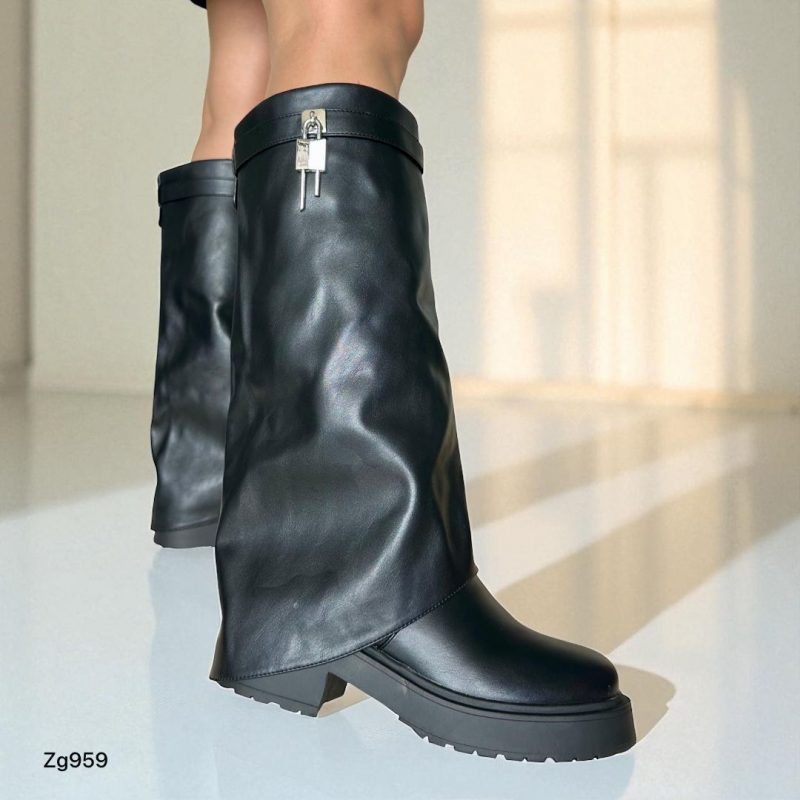 Bota caña alta negro doblez detalle plateado suela 5cm  225-029 - Image 3