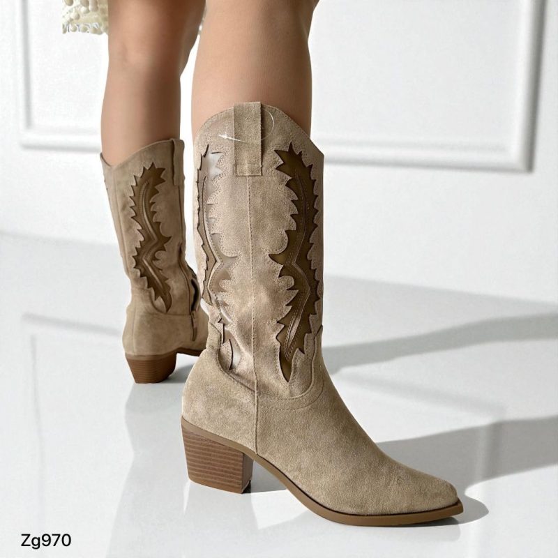 Bota texana beige detalles café tacon 5cm  A9998  C-36