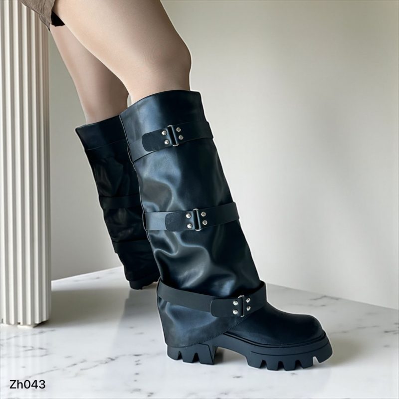 Bota caña alta negro doblez detalle correas suela 6cm   255-113