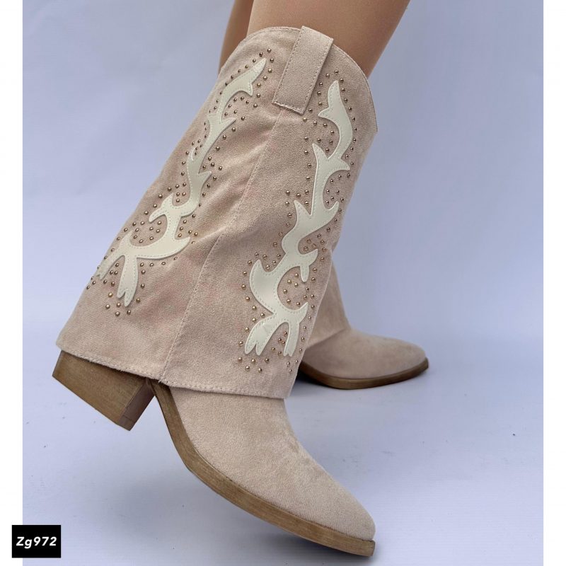 Bota texana beige doblez apliques dorado tacon 6cm  RXJ-281  C-43