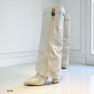 Bota caña alta blanco doblez detalle plateado tacon 10cm  255-003