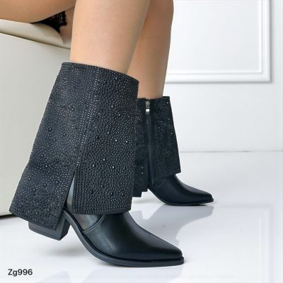 Botin texano negro doblez apliques brillantes tacon 7cm   52011  C-39