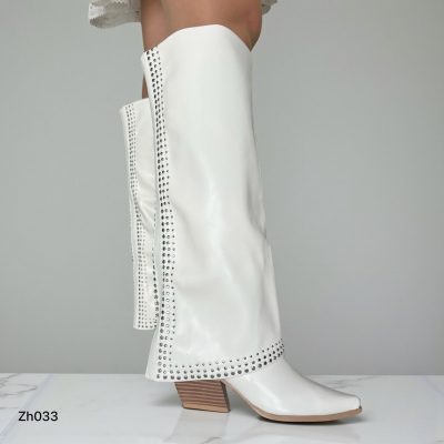 Bota texana blanco doblez apliques plateado tacon 7cm 255-024